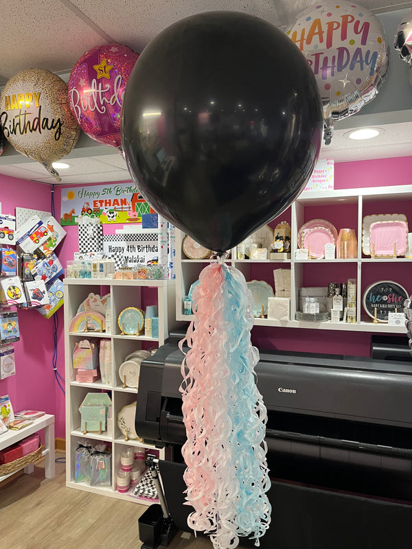 Gender Reveal Confetti Balloon Black with Pink & Blue Confetti Helium Filled