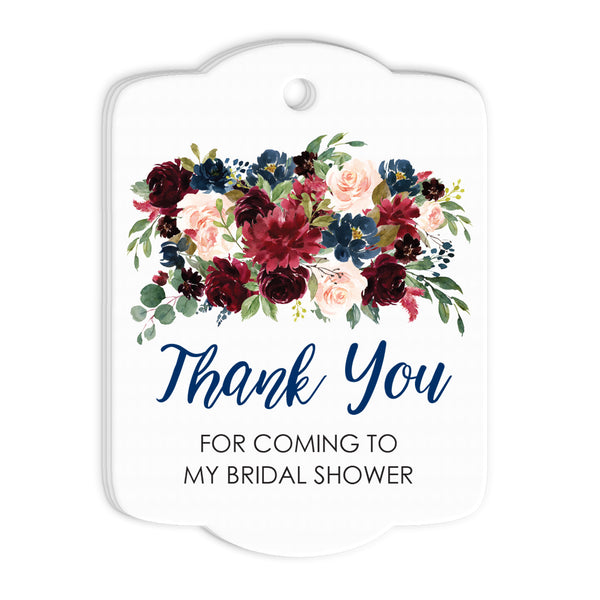 Bridal Shower Favor Tags Thank You Tags Navy Blue Burgundy Floral Bridal Shower Gift Tags - Set of 24 Tags