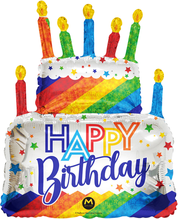 Large Rainbow Birthday Cake Balloon with Candles 36" Foil Mylar Balloon Helium Filled