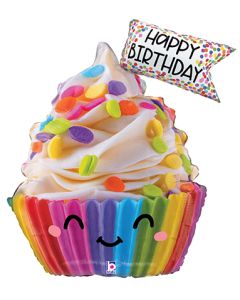 Cupcake Shaped Rainbow Happy Birthday Balloon Large 31" Foil Mylar Balloon Helium Filled