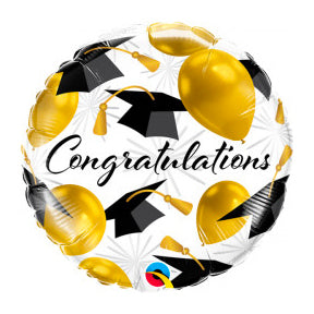 Graduation Balloon Congratulations Gold & Black 18" Foil Helium Filled