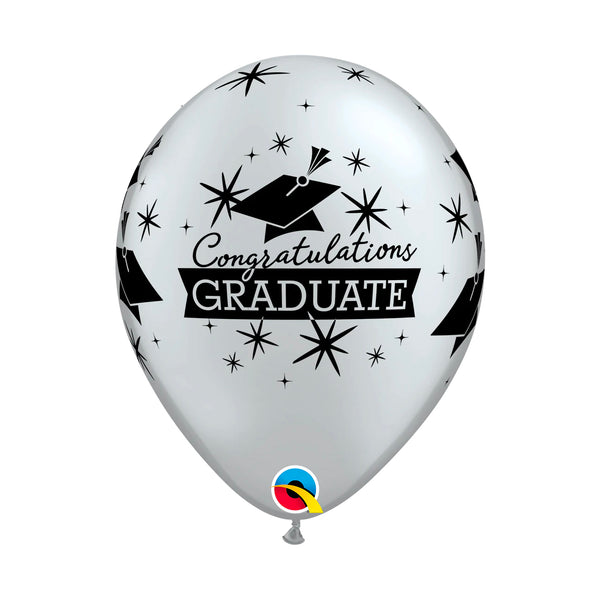 Helium filled latex single balloon with HiFloat 11" Graduation Silver (Local Pickup Only)