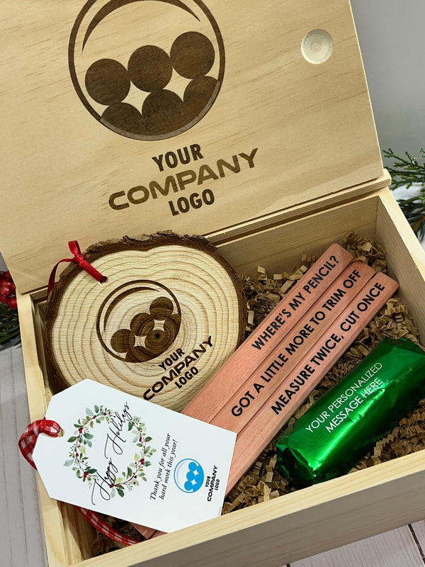 Corporate Gift Set Woodworker Gift Box Set Christmas Gift Carpenter Pencils Wood Engraved Ornament Personalized Employee Recognition Client Gift