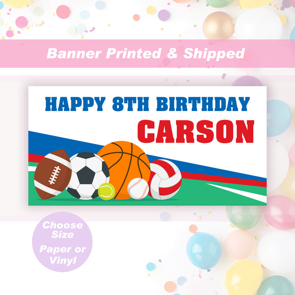 Sports Balls Birthday Banner Baseball Soccer Football Personalized Sports Birthday Banner Boys Birthday Party Decoration Printed and Shipped