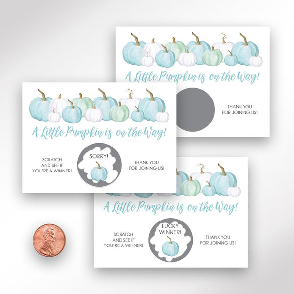 Blue Pumpkin Boy Baby Shower Game Scratch Off Ticket Cards Printed, Fall Baby Shower - Set of 24 Cards Printed and Shipped