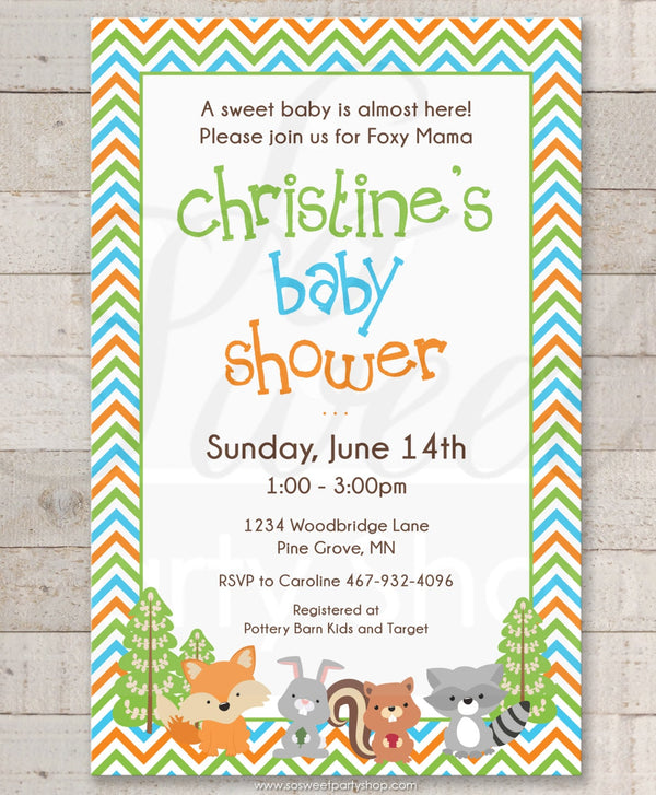 Woodland Baby Shower INVITATIONS, Woodland Animals, Foxy Mama, Baby Shower Invites, Gender Neutral Baby Shower - Set of 10