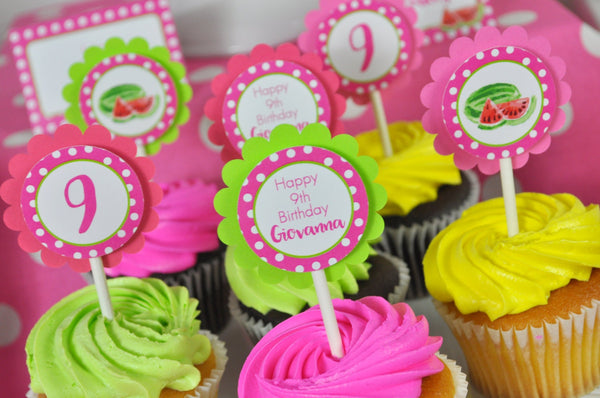 Watermelon Cupcake Toppers, Watermelon Birthday Party, Personalized Birthday Decorations - Set of 12
