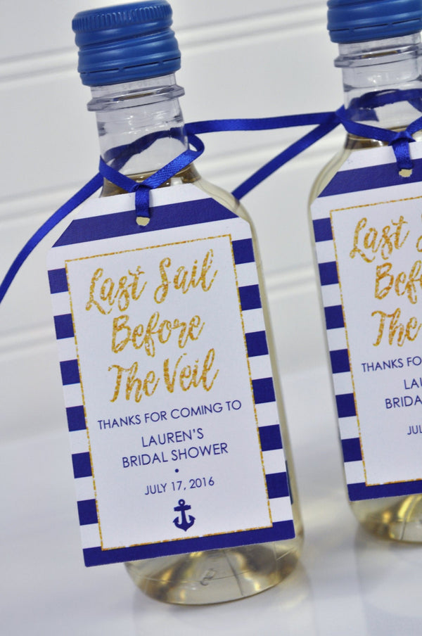 Mini Wine Bottle Favor Tags, Bridal Shower Favors, Last Sail Before The Veil, Champagne Tags, Nautical Bridal Shower, Wedding - Set of 12