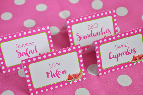 Watermelon Birthday Food Labels, Buffet Labels, Candy Labels, Placecards, Personalized Cards, Girls Birthday Party Decorations - Set of 12