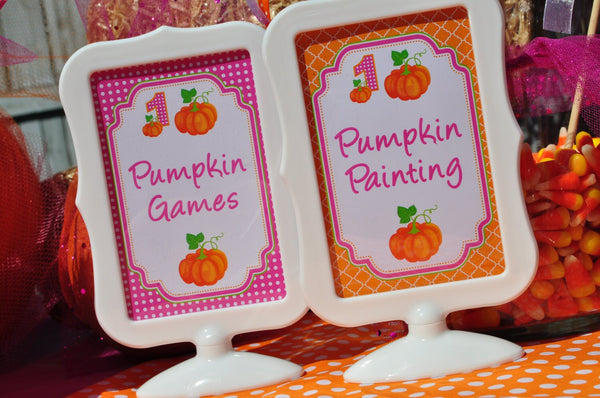 Pumpkin Birthday Party 4x6 SIGNS, Little Pumpkin Patch Party, Girls 1st Birthday Decorations - (2) 4x6 Printed Signs (Frames NOT included)