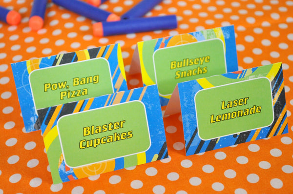 Boys Birthday Party Food Labels, Laser Tag Birthday, Candy Labels, Place cards, Dart Gun Blaster Party, Personalized and Printed - Set of 12