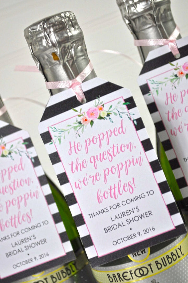 Mini Wine Bottle Bridal Shower Favor Tags, Bachelorette Party Favors, Wedding Favors, Champagne Tags, He Popped The Question - Set of 12