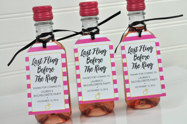 Mini Wine Bottle Favor Tags, Bridal Shower Favors, Last Fling Before The Ring, Mini Champagne Tags, Personalized Wedding Favors - Set of 12