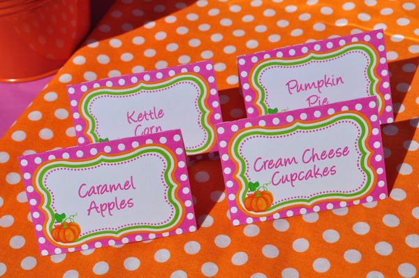 Pumpkin Birthday Food Labels, Buffet Labels, Place Cards, Girls 1st Birthday Pumpkin Patch Decorations, Halloween Birthday - Set of 12