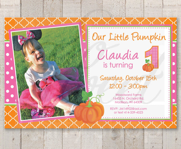 Girls Pumpkin 1st Birthday INVITATIONS, Little Pumpkin Birthday Invites, Halloween Birthday, Pumpkin Patch Party Pink and Orange - Set of 10