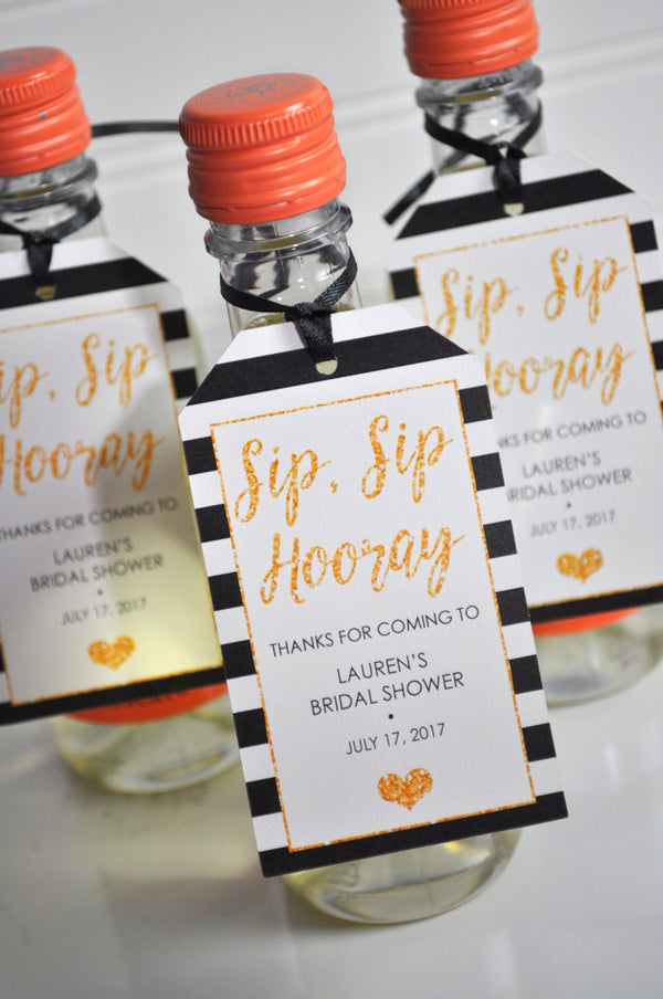 Wine Bottle Favor Tags Bridal Shower, Wedding Favors, Mini Champagne Tags, Personalized Mini Wine Bottle Favors - Black Gold - Set of 12