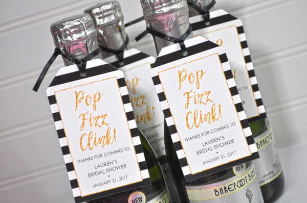 Mini Wine Bottle Favor Tags, Bridal Shower Favors, Personalized Wedding Favors, Mini Champagne Tags, Pop Fizz Clink, Black Gold - Set of 12