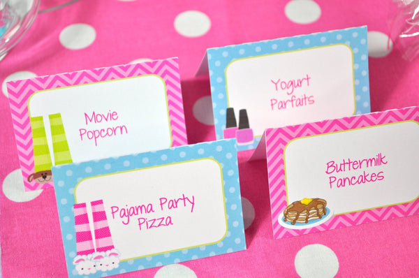 Slumber Party Food Label Cards, Buffet Labels, Pajama Party, Sleepover Birthday, Pancakes and Pajamas Party, Girls Birthday - Set of 12