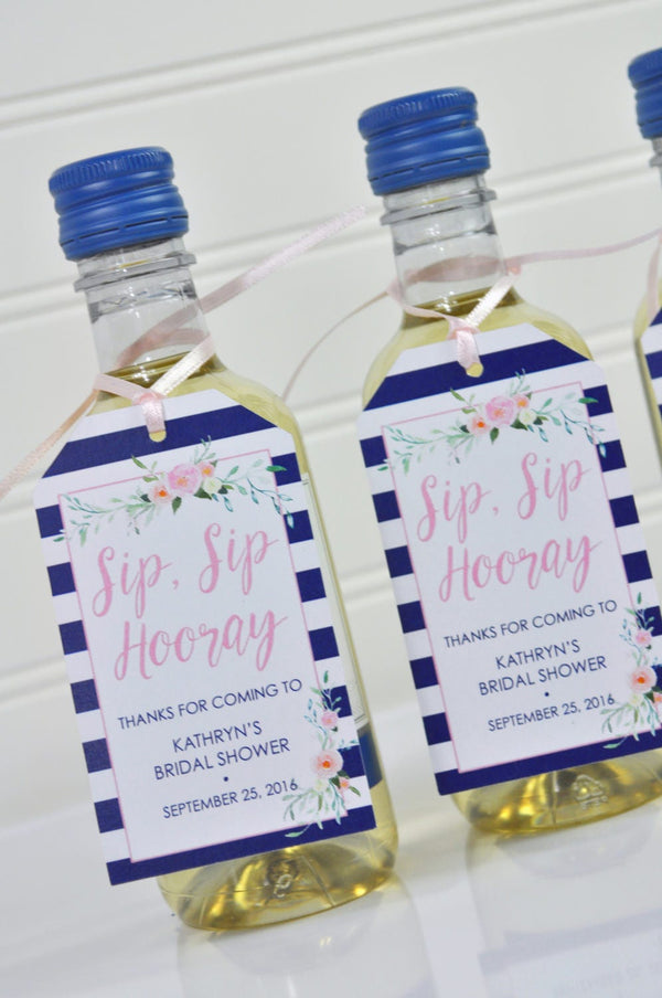 Bridal Shower Favor Tags, Wedding Favors, Mini Wine Bottles, Mini Champagne Tags, Sip Sip Hooray Tags, Navy Blue & Pink - Set of 12