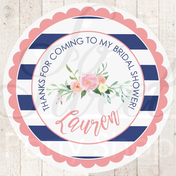 Bridal Shower Favor Stickers CORAL & NAVY BLUE, Wedding Favors, Bachelorette Party, Baby Shower, Birthday Thank You Stickers - Set of 24