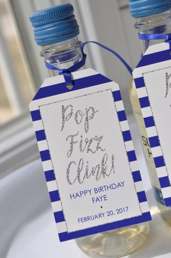 Mini Wine Bottle Favor Tags, Birthdays, Bridal Showers, Weddings, Mini Champagne Tags - Personalized Favors - Silver Navy Blue - Set of 12