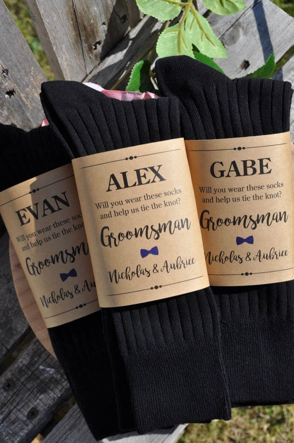 Sock Wraps for Groomsman, Best Man, Usher, Sock Labels, Groomsmen Gift, Sock Wrappers, Wedding Party **PRINTED & SHIPPED** - Set of 3 Wraps