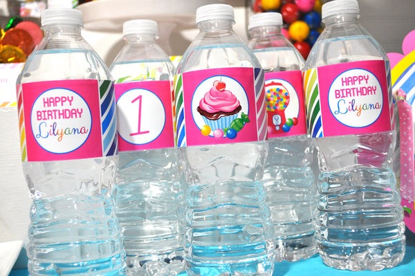 Water Bottle Labels Candy Sweet Shoppe, 1st Birthday, Rainbow Party, Candyland Birthday Party, Sweet Shop, Bubblegum Cupcake - Set of 10