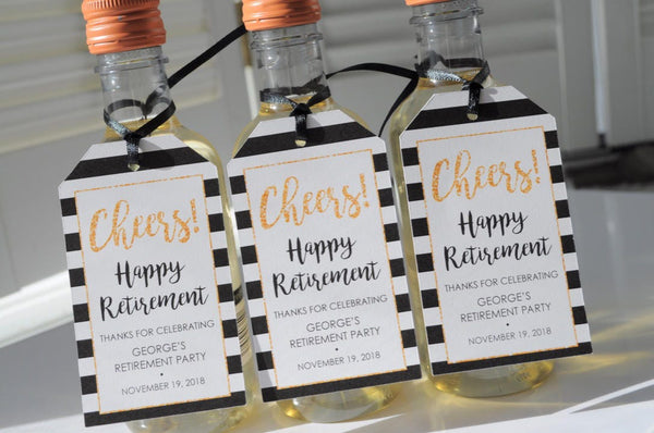 Retirement Party Favor Tags, Happy Retirement, Mini Wine Bottle Tags, Mini Champagne Tags, Retired Personalized Favors - Set of 12