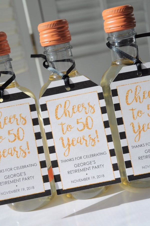 Retirement Wine Favor Tags, Party Favor Tags, Happy Retirement, Mini Wine Bottle Tags, Champagne Tags, Gold Cheers to 50 Years - Set of 12