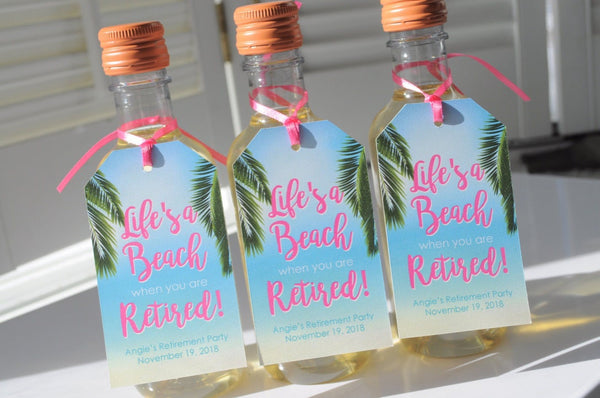 Beach Retirement Party Favor Tags, Retirement Wine Favor Tags, Happy Retirement, Mini Wine Bottle Tags, Mini Champagne Tags - Set of 12
