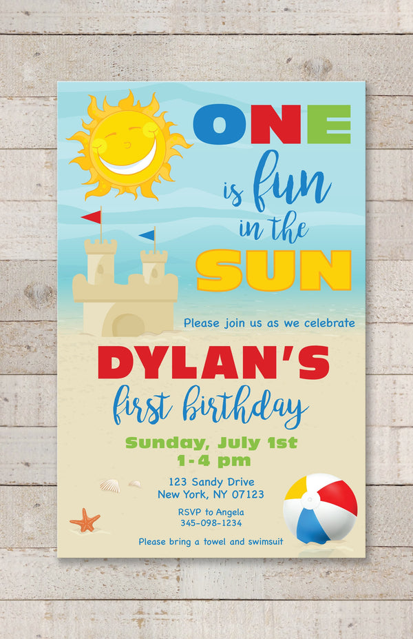 1st Birthday Party Invitations, One is Fun In The Sun Invitations, Beach Invitations, Pool Party Invites, Sunshine, Sandcastle - Set of 10