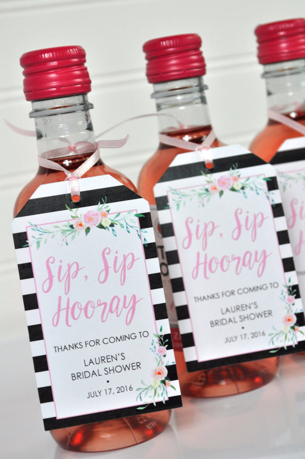 Bridal Shower Favors Tags for Mini Wine Bottles, Wedding Favors, Mini Champagne Tags, Personalized Wedding Tags, Black Floral - Set of 12