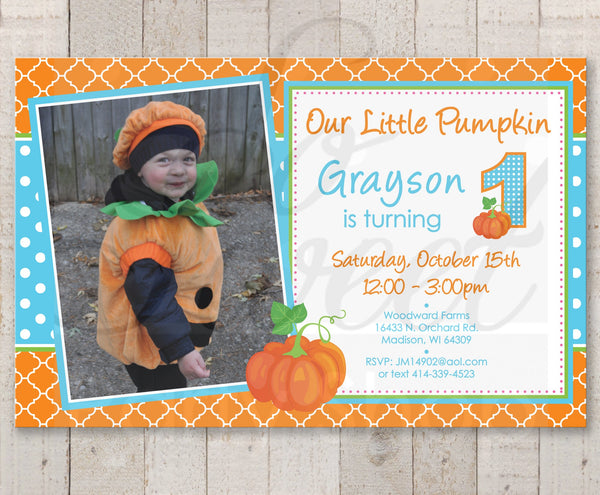 Boys Pumpkin 1st Birthday INVITATIONS, Boy Little Pumpkin Birthday Invites, Halloween Invitations, Pumpkin Patch Invitations - Set of 10