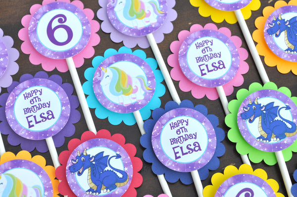 Cupcake Toppers Dragons & Unicorns Birthday, 1st Birthday, Cupcake Picks, Rainbow Party Decorations, Mythical Creatures - Set of 12