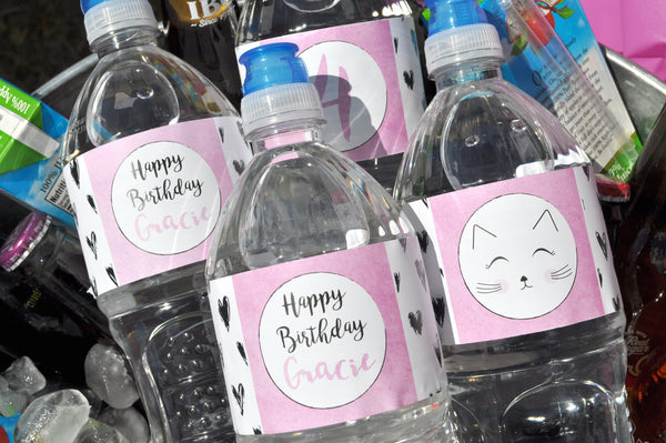 Water Bottle Labels Kitty Cat Birthday, 1st Birthday, Cat Party, Kitty Birthday Party, Drink Labels, Water Resistant Bottle Wrap - Set of 10