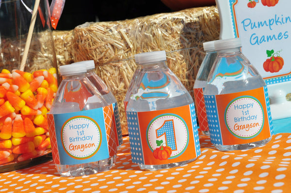 Boys Pumpkin Party Water Bottle Labels, 1st Pumpkin Patch Birthday Drink Labels, Halloween Pumpkin Party Decorations Blue Orange - Set of 10