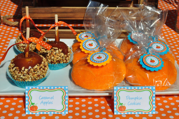 Pumpkin Birthday Food Labels, Buffet Labels, Place Cards, Boys 1st Birthday Pumpkin Patch Decorations, Halloween Birthday - Set of 12