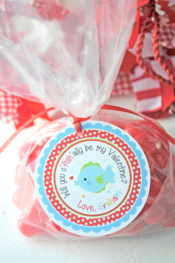 OFishally Be Mine Fish Valentine Tags, Kids Valentines Day Treat Tags, School Treat Tags Classroom Valentine Party - Set of 12 Tags