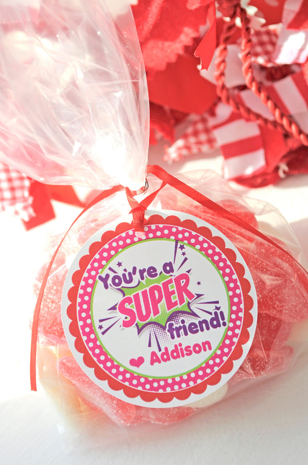 Girl Super Hero Valentines Day Treat Tags, Kids Valentines Day Favor Tags, Classroom Valentine Party Tags, Goody Bag Tags - Set of 12 Tags