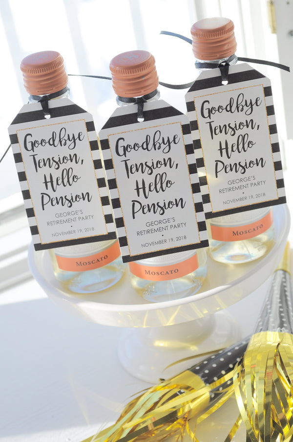 Retirement Party Favor Tags for Mini Wine Bottles, Mini Champagne Tag, Retired Personalized Favors Goodbye Tension Hello Pension - Set of 12