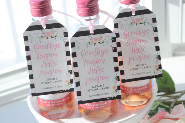 Retirement Party Favor Tags for Mini Wine Bottles, Mini Champagne Tag, Retired Personalized Favors Goodbye Tension Hello Pension - Set of 12