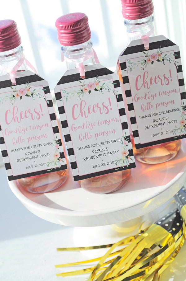 Retirement Party Favor Tags for Mini Wine Bottles, Mini Champagne Tag, Retired Personalized Favors Goodbye Tension Hello Pension - Set of 12