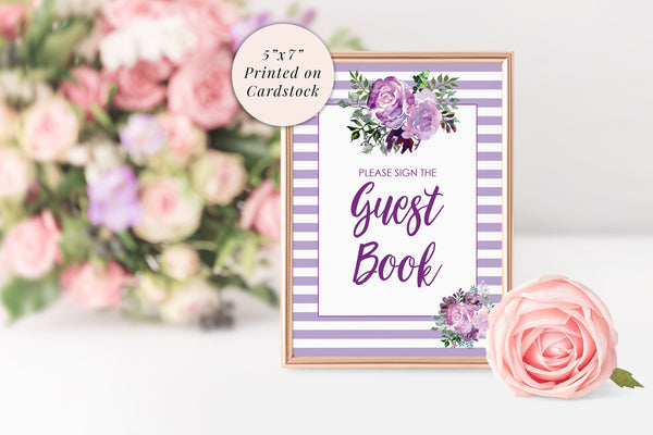 Wedding Guest Book Sign 5x7 Print, Bridal Shower Sign, Guest Book Table Wedding Sign, Baby Shower Signs, Purple Floral PRINTED & SHIPPED!