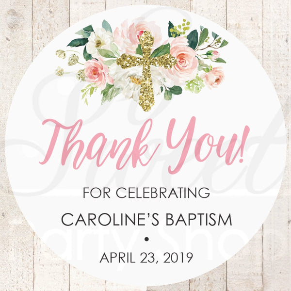 Baptism Thank You Favor Stickers, Girls Baptism Favor Stickers, 1st Holy Communion Favors, Baby Christening Favor Goodie Bag Tag - Set of 24