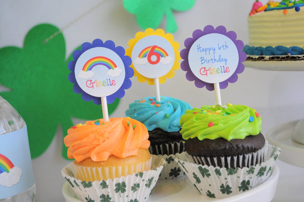 Rainbow Birthday Cupcake Toppers, Rainbow Birthday Party Decorations, Rainbow Party Supplies, Personalized Kids Rainbow Party - Set of 12