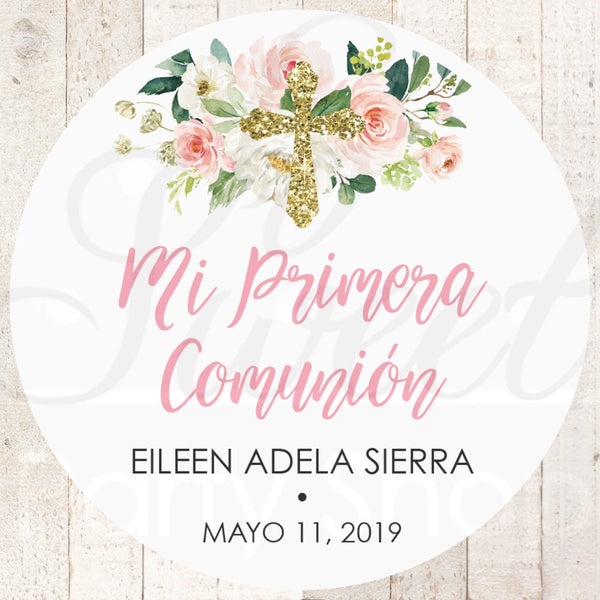 Mi Primera Comunión Spanish Thank You Favor Stickers, Girls Communion Favor Stickers, Bautizo Favors, Christening Pink Floral - Set of 24