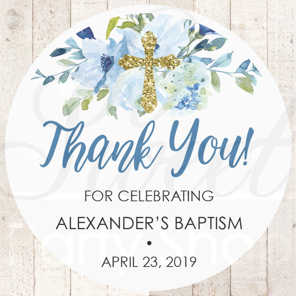 Baptism Thank You Favor Stickers, Boys Baptism Favor Stickers, 1st Holy Communion Favors, Baby Christening Favor Goodie Bag Tag - Set of 24