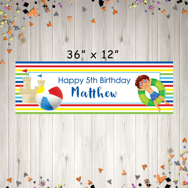 Pool Party Birthday Banner, Boys Summer Pool Party Banner, Personalized Banner Printed and Shipped