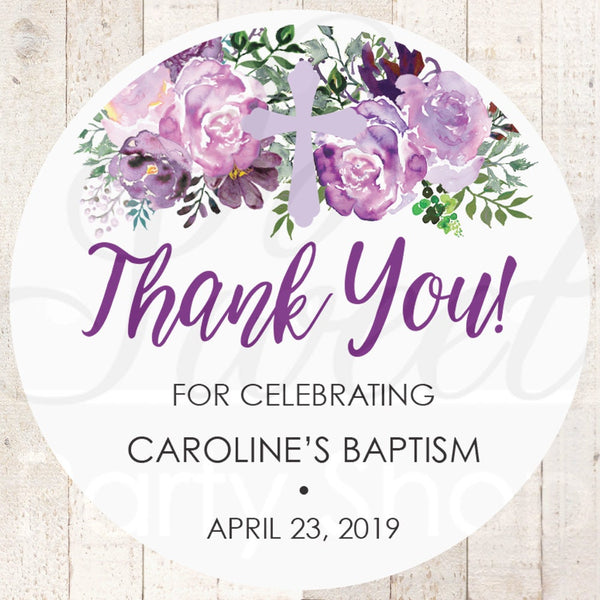 Baptism Thank You Favor Stickers, Girls Baptism Favor Stickers, 1st Holy Communion Favors, Baby Christening Favor Purple Floral - Set of 24