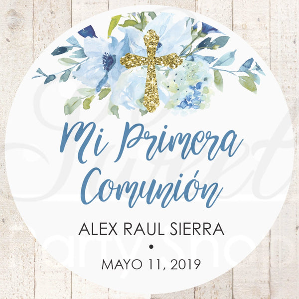 Mi Primera Comunión Spanish Thank You Favor Stickers, Boys Communion Favor Stickers, Baptism Favors, Christening Blue Floral - Set of 24